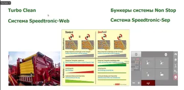 Системы Turbo Clean, Speedtronic-Web и Speedtronic-Sep и новые бункеры Non Stop для прицепного картофелеуборочного комбайна GRIMME EVO 290 (скриншот слайда с видео в рамках проведения вебинара Картофельного Союза)