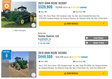 Цены на б/у тракторы John Deere 9 серии в ЕС и США (источник: скриншот экрана со страницы объявлений популярных мировых маркетплейсов)