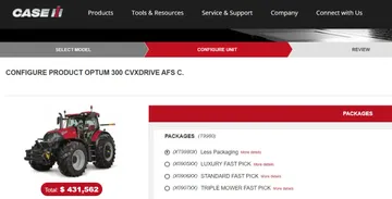 Цена на новый трактор Case IH Optum 300 CVX Drive в США и Европе (источник: скриншот экрана со страницы официального сайта Case IH)