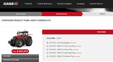 Цена на новый трактор Case IH Puma 165 CVX Drive в США и Европе (источник: скриншот экрана со страницы официального сайта Case IH)