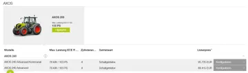 Цены на новые тракторы CLAAS AXOS 200 в Европе (источник: скриншот экрана со страницы официального сайта CLAAS)