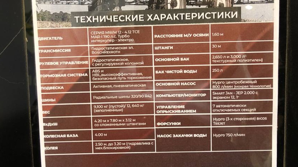 Технические характеристики самоходного опрыскивателя Jan Spartan